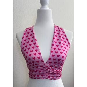 NWOT Women's Pink Heart Valentine's Day Summer Halter Crop Top Club Beach M